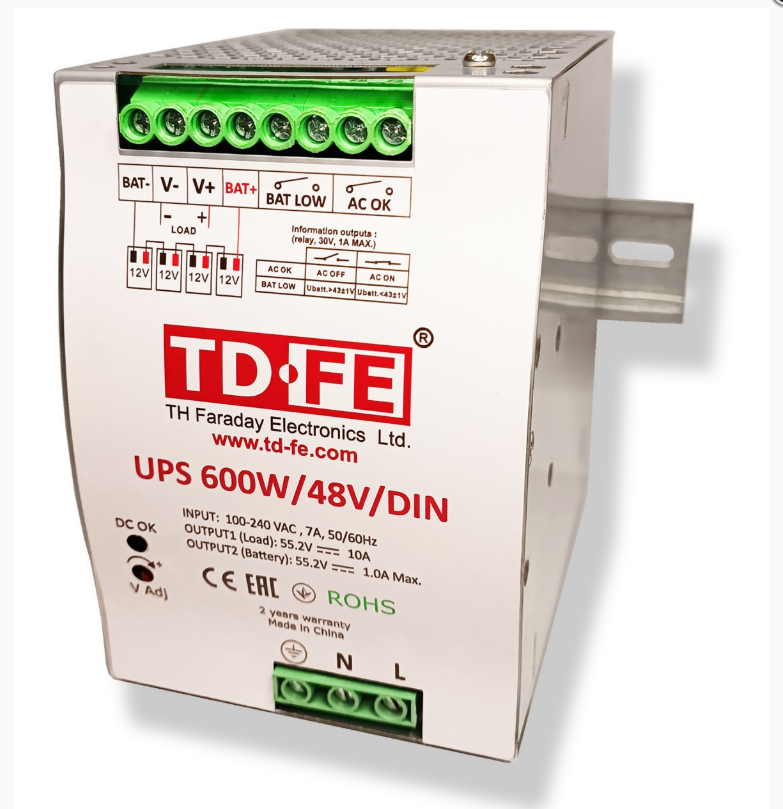 Faraday UPS 600W/48V/DIN Блок бесперебойного питания, 48 - 55,3В, I вых 10,0 А, I зар. 1,0А 