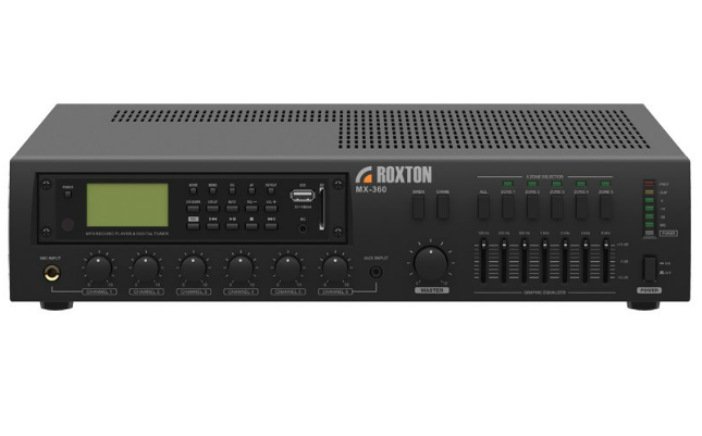 Roxton MX-360 USB-проигрыватель-тюнер-усилитель 360 Вт, 3 микр.+ 3 унив. входа, 5 зон, работа с RM-05